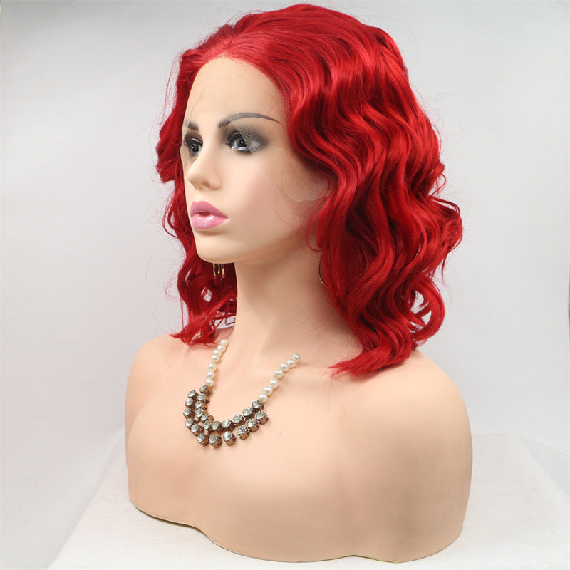 Export Bestseller to Europe & America 13_4 Lace Wig Hand-Crocheted 35cm Short Curly Women's Hand-Crocheted Synthetic Red Wig Factory Price