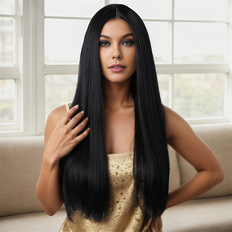 Women's Wigs Basic Models in the Parted Black Long Straight Female Chemical Fiber Wig
