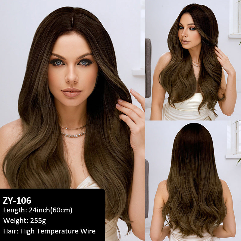 Wigs Brown Gradient Bangs Wavy Curls Women Fiber Wig