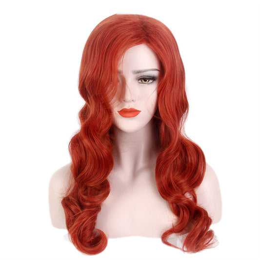 Peluca de cosplay universal europea y americana para Halloween, peluca sexy para damas, tocado con raya al lado, cabello rojo rizado, peluca de ondas grandes