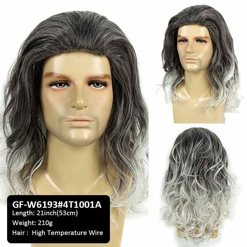 New Halloween Wig Retro Rock Gray Gradient Men's Long Wig