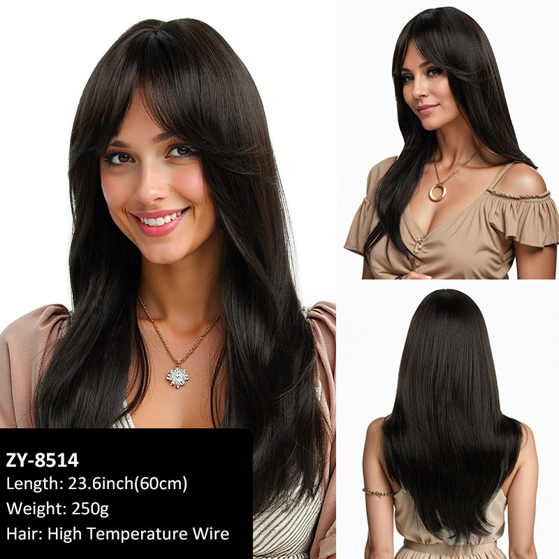 Layered collarbone-length wig with dyed bangs and realistic long straight hair