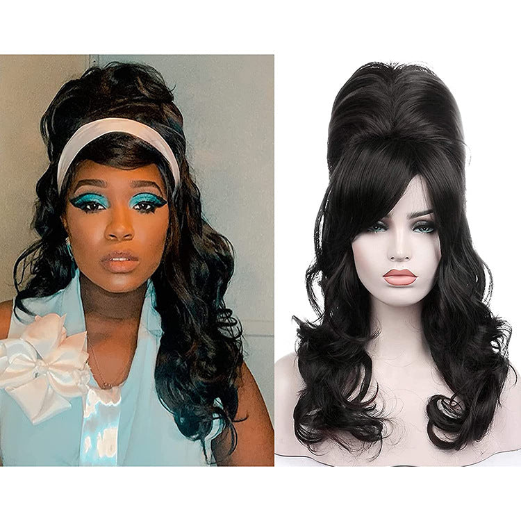 70s European and American retro wig top hat 80s black long curly dance cos export foreign trade exaggerated performance wig