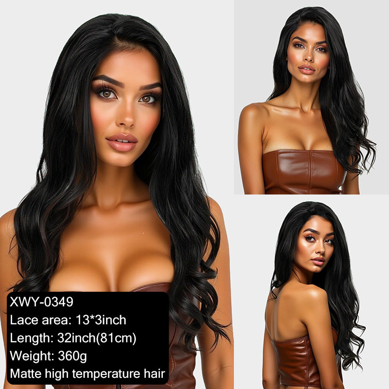 13x3 Chemical Fiber Front Lace Wig Simulation Human Hair Black Big Wave Curl Wig