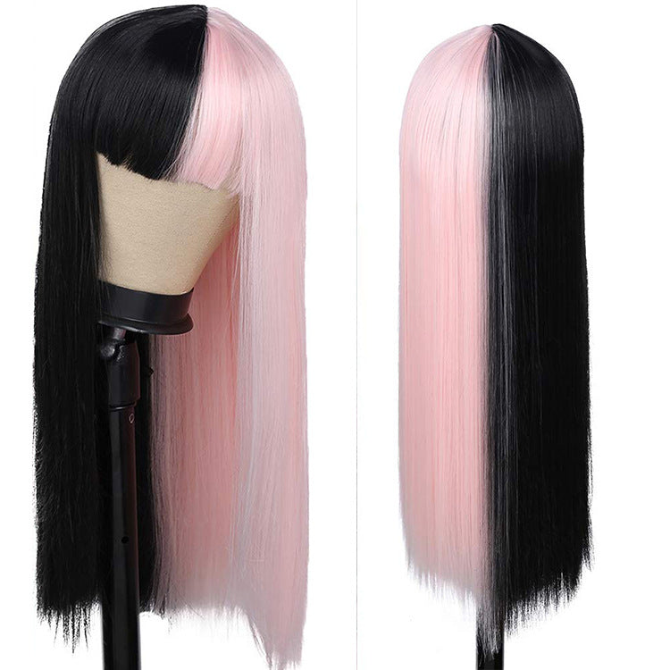 melaniemartinezwig cross-border hit TikTok wig half pink and half black high temperature silk wig set