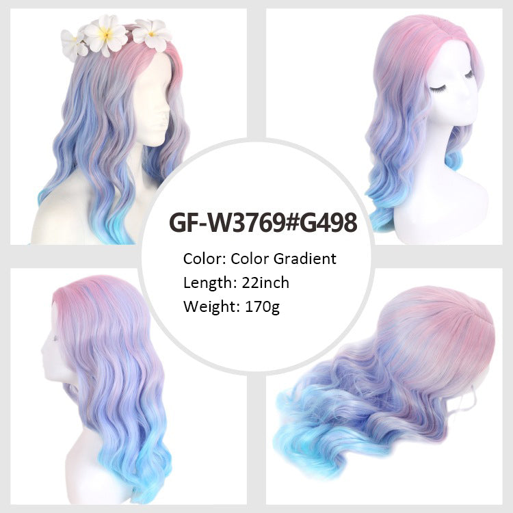 Halloween Hot Purple Mixed Gray Wig Oblique Bangs High Temperature Wire Long Curly Hair