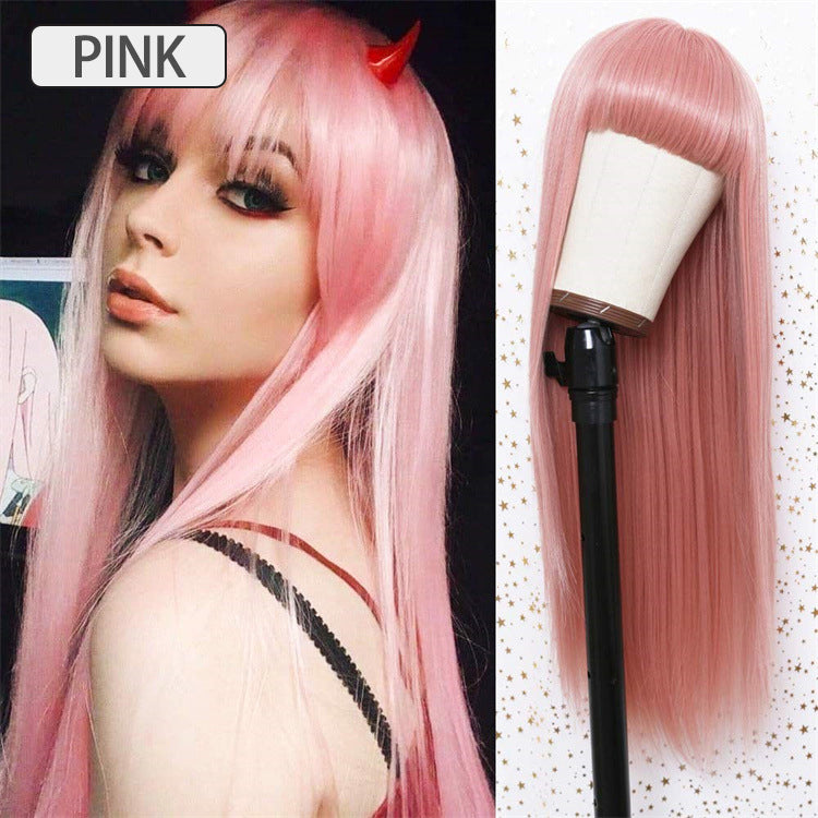 Wig hot pink natural gradient wigs women's long straight hair high temperature wire headpiece Guangdong