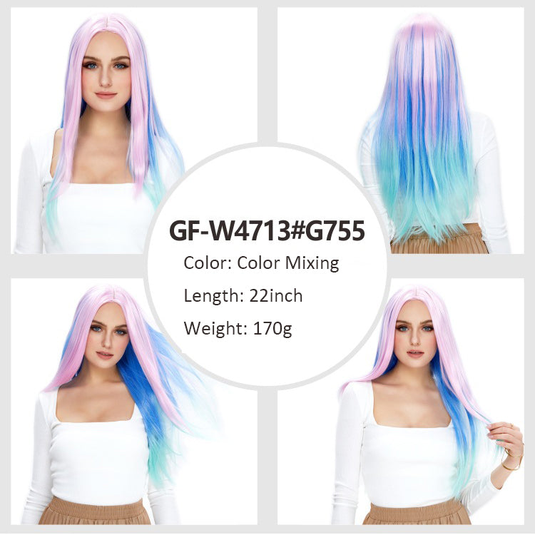 Rainbow-colored festive high-temperature hair cosplay waist-length big wave long hair wig