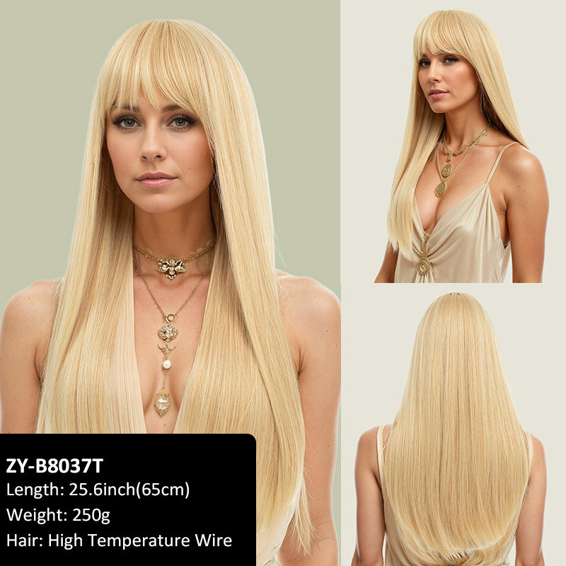Layered collarbone-length wig with dyed bangs and realistic long straight hair