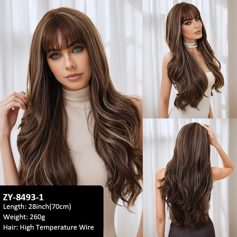Wigs Brown Gradient Bangs Wavy Curls Women Fiber Wig