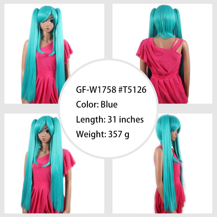 Manufacturer Wholesale Fake Anime Cosplay Wig Headpiece Double Ponytail Long Curly Hair High-Temperature Resistant Synthetic Fiber Colored Hairpiece