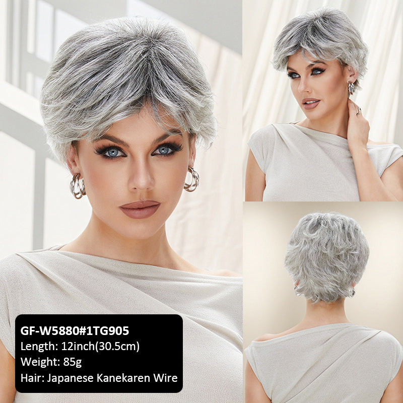 Pixie Wig Covering Silver Gray Wig Female Curly Hair Middle-aged Woman Wig