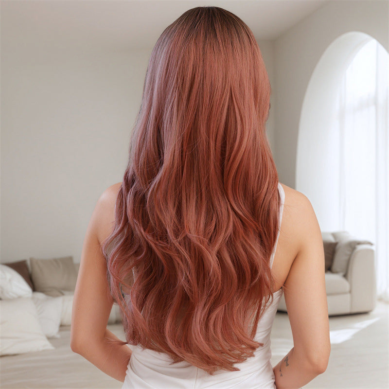 Export Pink Full-Head Wig with Bangs, Dyed Crown, Wavy Curls, 26 Inches Cosplay & Everyday Use Synthetic Wig