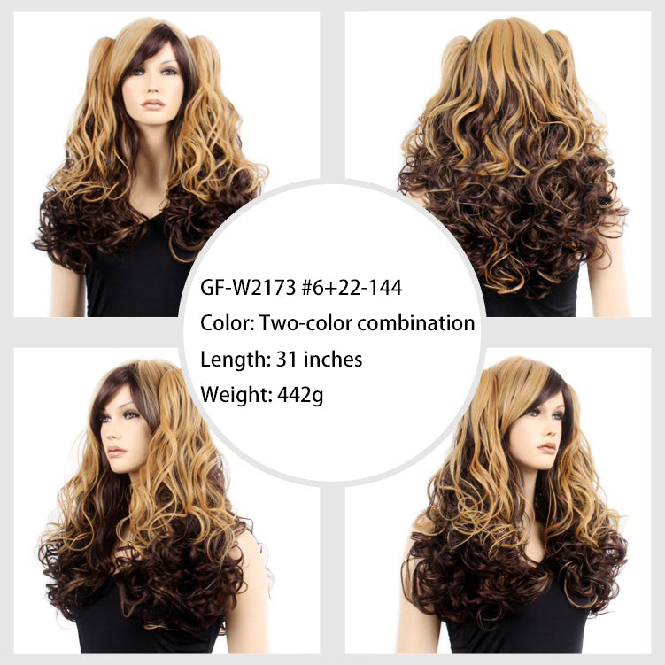 Manufacturer Wholesale Fake Anime Cosplay Wig Headpiece Double Ponytail Long Curly Hair High-Temperature Resistant Synthetic Fiber Colored Hairpiece
