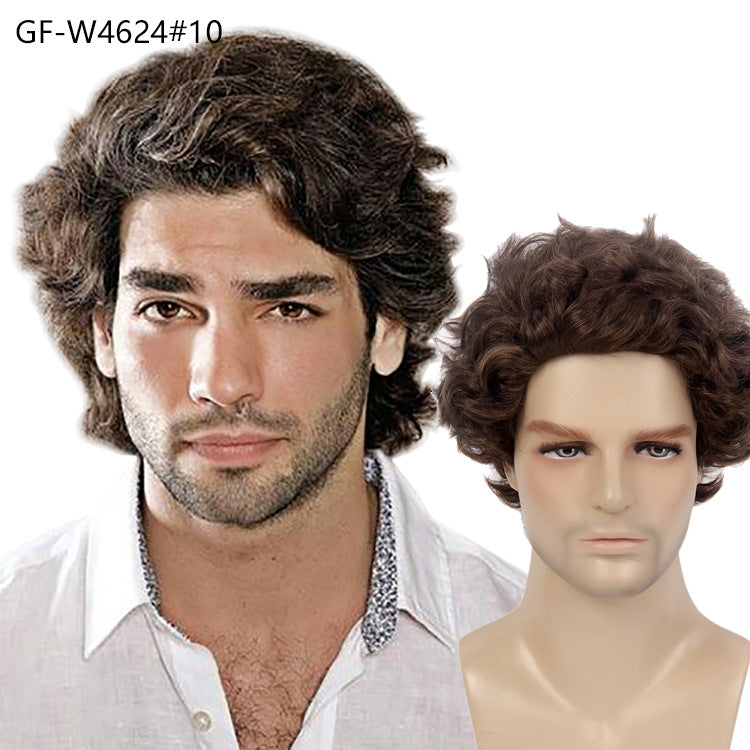 New Chemical Fiber Short Curly Wig Men's Light Breathable Brown 12 Inch Head Cover