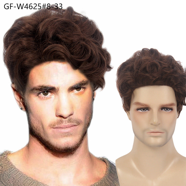 New Chemical Fiber Short Curly Wig Men's Light Breathable Brown 12 Inch Head Cover