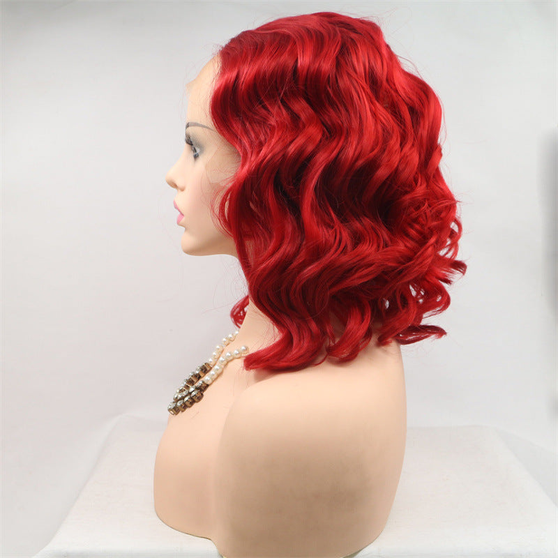 Export Bestseller to Europe & America 13_4 Lace Wig Hand-Crocheted 35cm Short Curly Women's Hand-Crocheted Synthetic Red Wig Factory Price