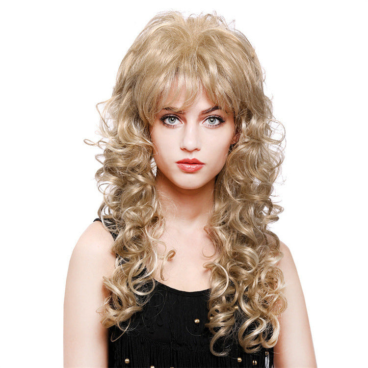 Hot selling European and American long curly hair women's bangs golden flame retardant silk synthetic fiber wig headpiece factory wholesale