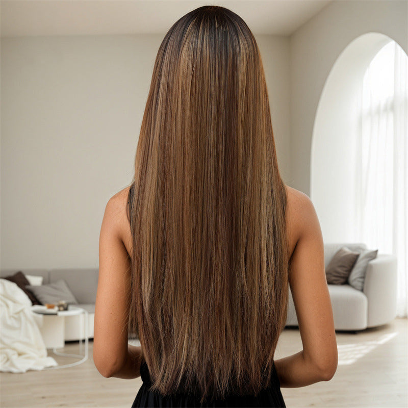 Export to the US: Women's Wig Stocked in Overseas Warehouse - Top-dyed Straight Bangs, Long Straight Brown Gradient Wig