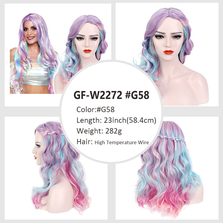 Rainbow-colored festive high-temperature hair cosplay waist-length big wave long hair wig