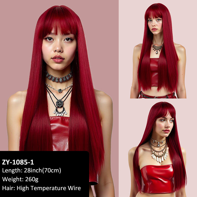 Layered collarbone-length wig with dyed bangs and realistic long straight hair