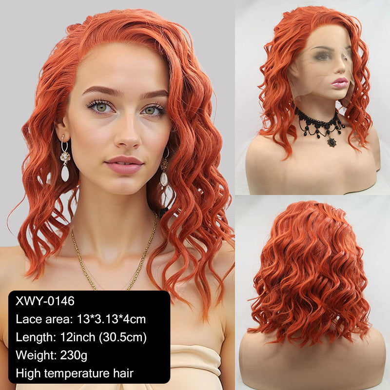 Export Bestseller to Europe & America 13_4 Lace Wig Hand-Crocheted 35cm Short Curly Women's Hand-Crocheted Synthetic Red Wig Factory Price