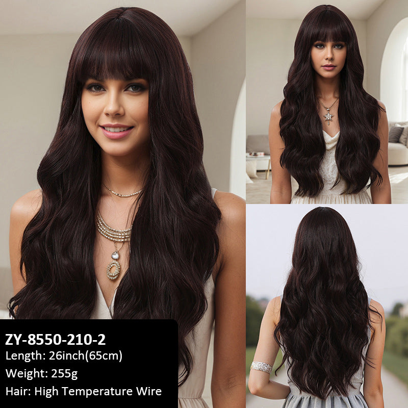 Wigs Brown Gradient Bangs Wavy Curls Women Fiber Wig