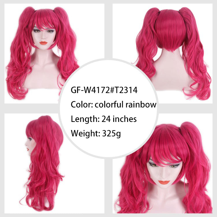 Manufacturer Wholesale Fake Anime Cosplay Wig Headpiece Double Ponytail Long Curly Hair High-Temperature Resistant Synthetic Fiber Colored Hairpiece
