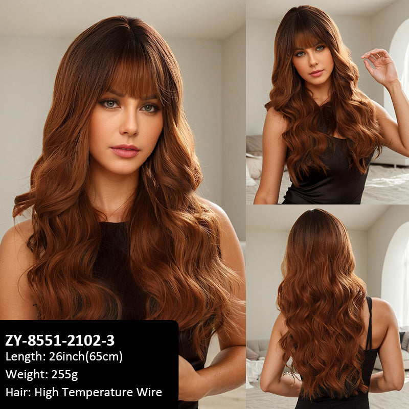 Wigs Brown Gradient Bangs Wavy Curls Women Fiber Wig