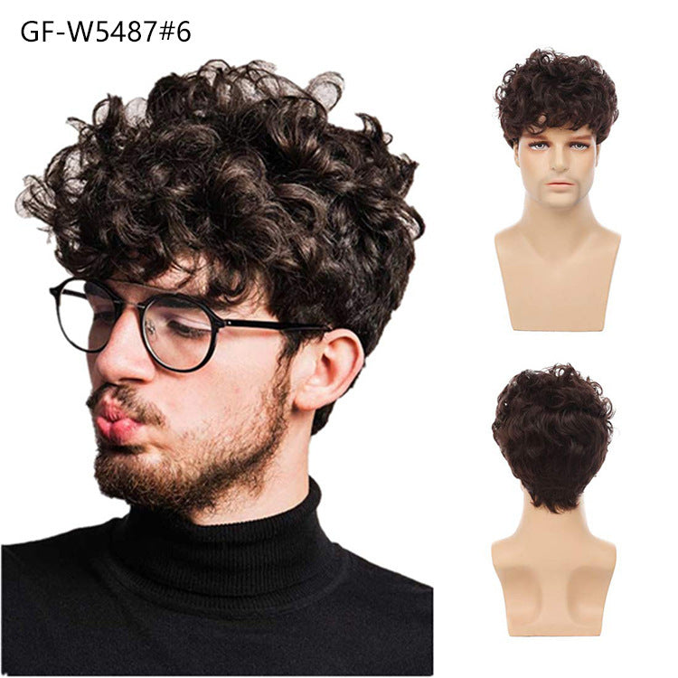 New Chemical Fiber Short Curly Wig Men's Light Breathable Brown 12 Inch Head Cover