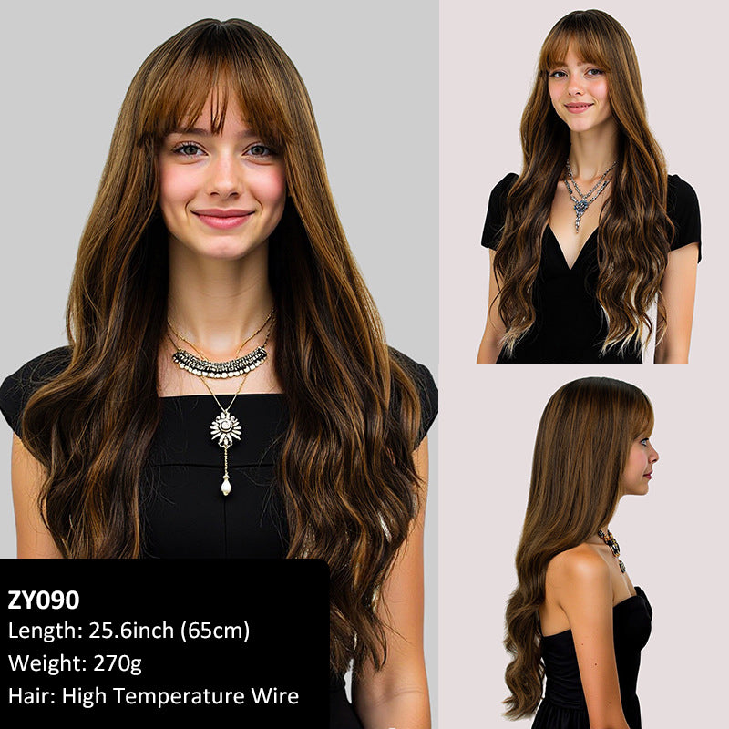 Layered collarbone-length wig with dyed bangs and realistic long straight hair