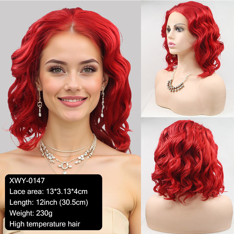 Export Bestseller to Europe & America 13_4 Lace Wig Hand-Crocheted 35cm Short Curly Women's Hand-Crocheted Synthetic Red Wig Factory Price
