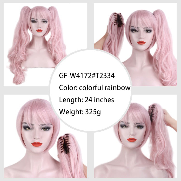 Manufacturer Wholesale Fake Anime Cosplay Wig Headpiece Double Ponytail Long Curly Hair High-Temperature Resistant Synthetic Fiber Colored Hairpiece
