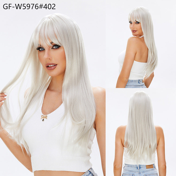 White-gold wig long hair summer women's straight long hair ash blonde wig
