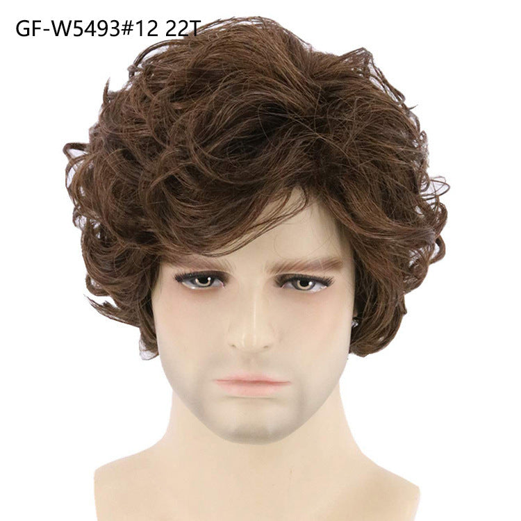 New Chemical Fiber Short Curly Wig Men's Light Breathable Brown 12 Inch Head Cover