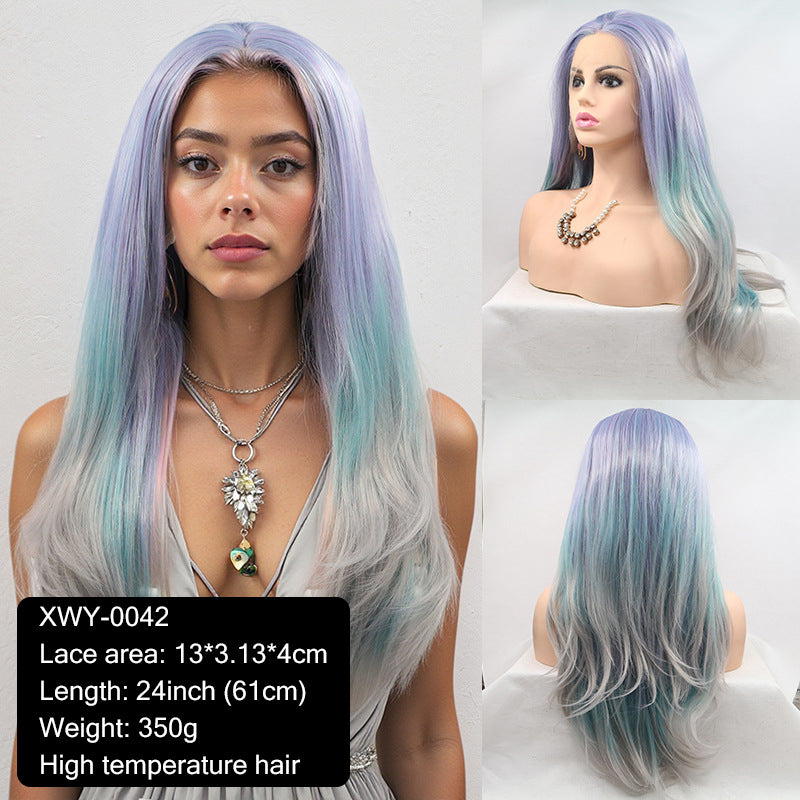 New wig 13*4 hand-crocheted lace wig with invisible powder blue gradient center parting