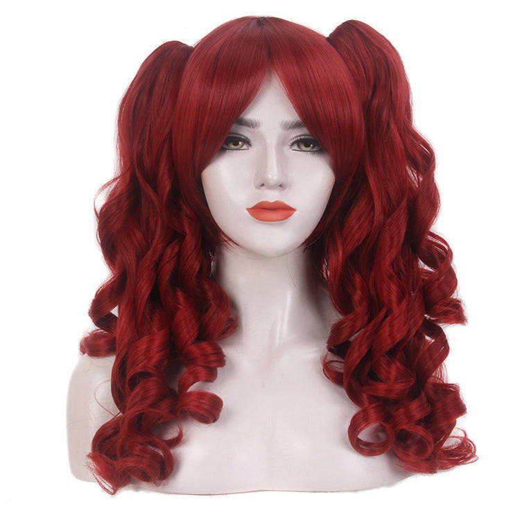 Manufacturer Wholesale Fake Anime Cosplay Wig Headpiece Double Ponytail Long Curly Hair High-Temperature Resistant Synthetic Fiber Colored Hairpiece