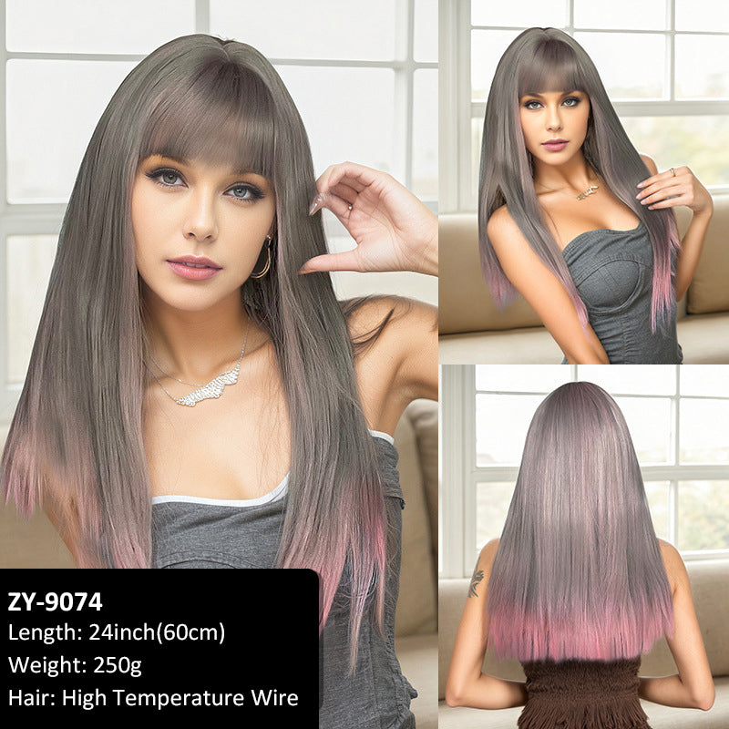 Hair Wig Wig Gray pink Gradient 60cm Long Straight Hair