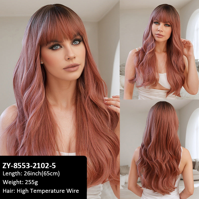 Wigs Brown Gradient Bangs Wavy Curls Women Fiber Wig