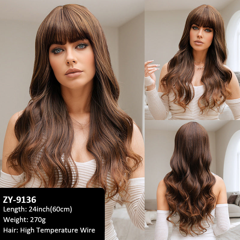 Wigs Brown Gradient Bangs Wavy Curls Women Fiber Wig