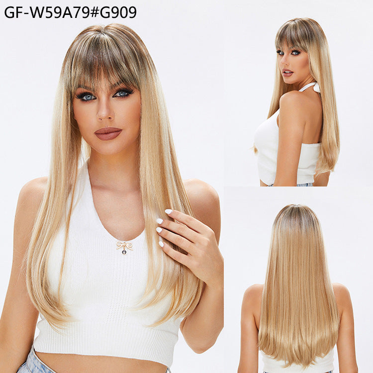 White-gold wig long hair summer women's straight long hair ash blonde wig