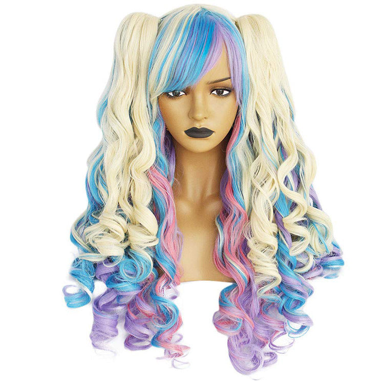 Manufacturer Wholesale Fake Anime Cosplay Wig Headpiece Double Ponytail Long Curly Hair High-Temperature Resistant Synthetic Fiber Colored Hairpiece