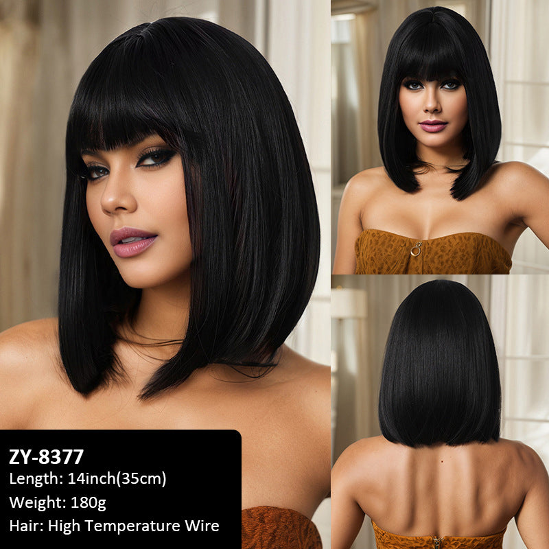 Wig short hair air bangs 35cm high-temperature silk bob wig for women