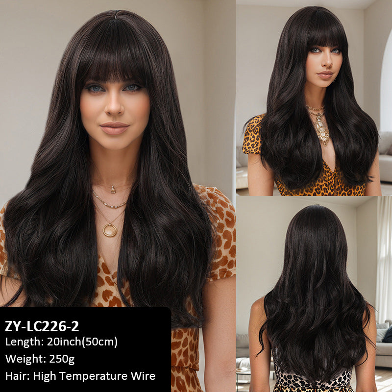Wigs Brown Gradient Bangs Wavy Curls Women Fiber Wig