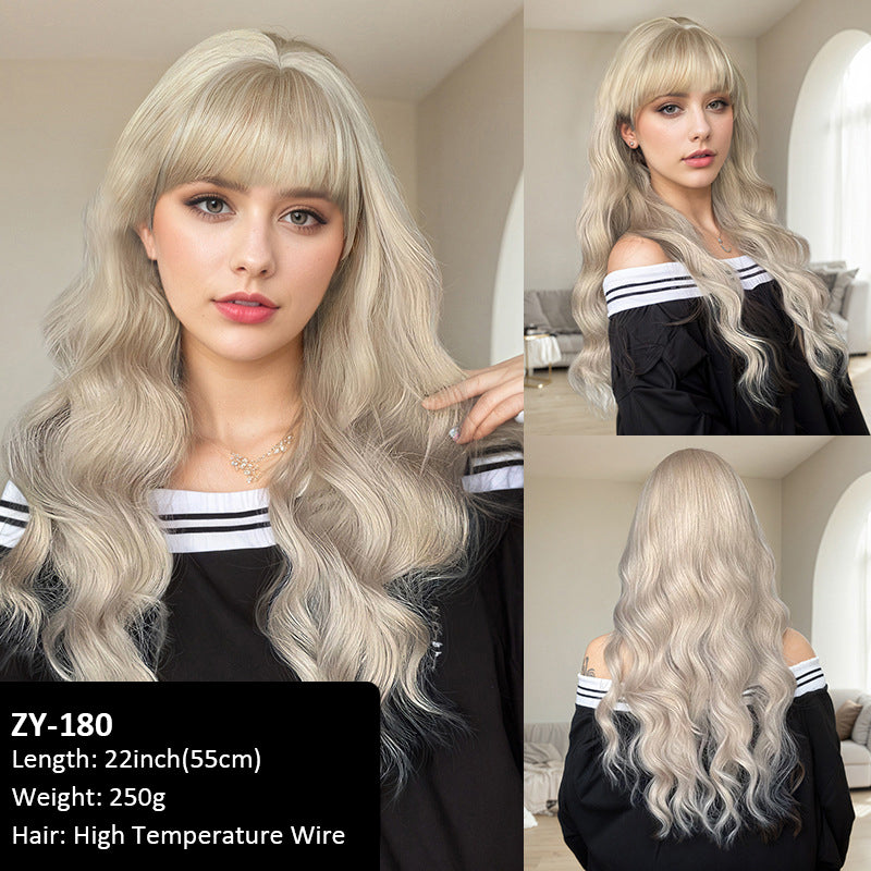 Wigs Brown Gradient Bangs Wavy Curls Women Fiber Wig