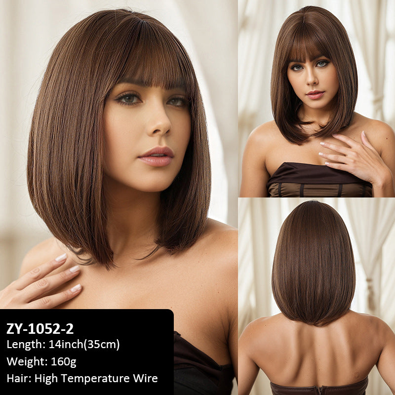 Wig short hair air bangs 35cm high-temperature silk bob wig for women