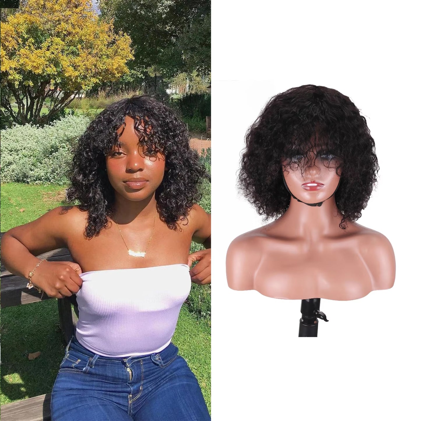 BOSQUE Beauty Short Curly Bob With Bangs Human Hair Wig 200% Density Pre Plucked Bleached Knots Natural Black