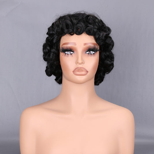 Tightly Curly Human Hair Machine Made Wig 200% Density Small Kinky Curly Full Cap Wefted Wig Natural Black BOSQUE Beauty