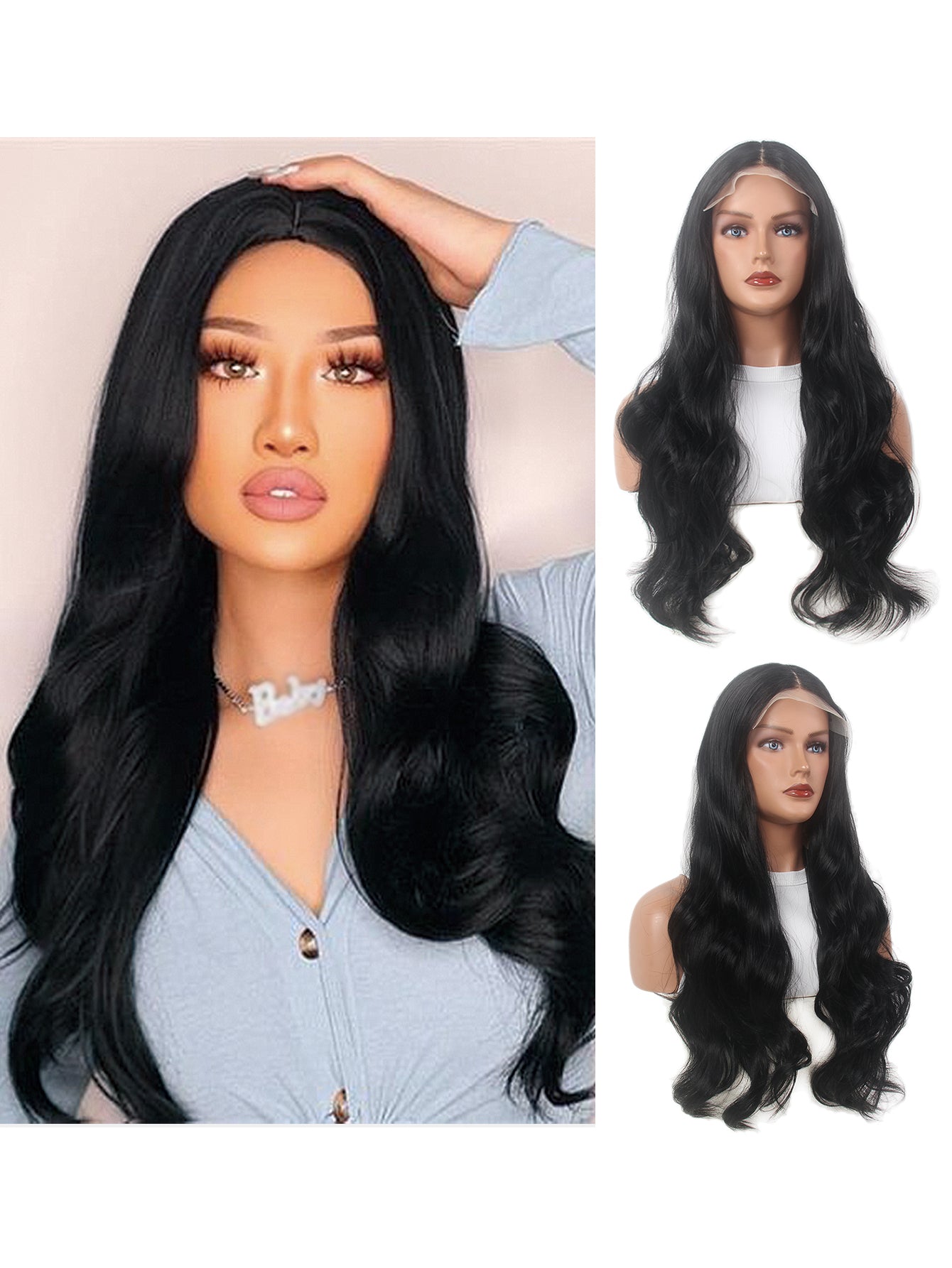 BLack Women Lace Front Natural Wave Wigs 180Density Middle Part Synthetic Hair