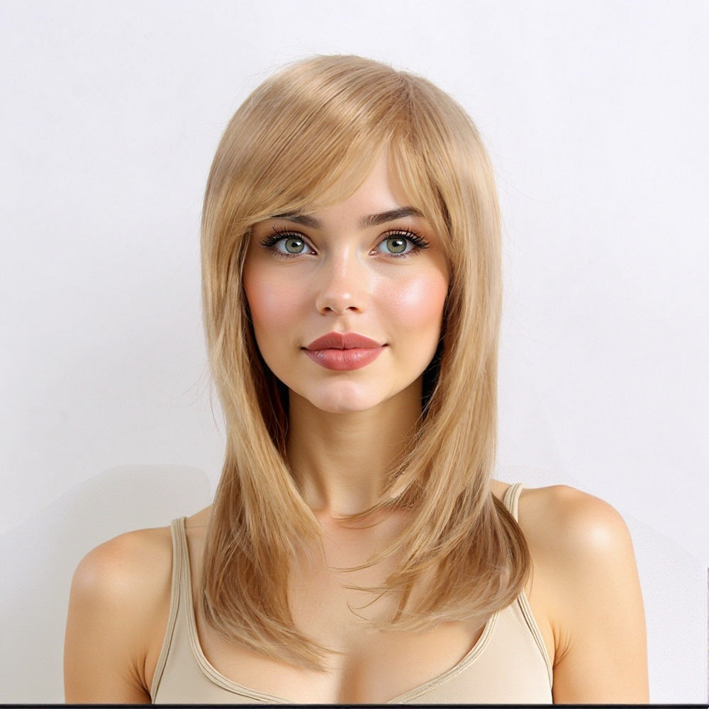 Long Straight Layer Women Wigs Wavy Wig with Bangs Middle Length Synthetic Hair